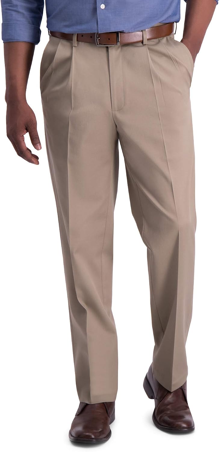 Men's Iron Free Premium Khaki Classic Fit Pleat Front Expandable Waist Casual Trousers (Regular and Big & Tall Sizes) Trousers