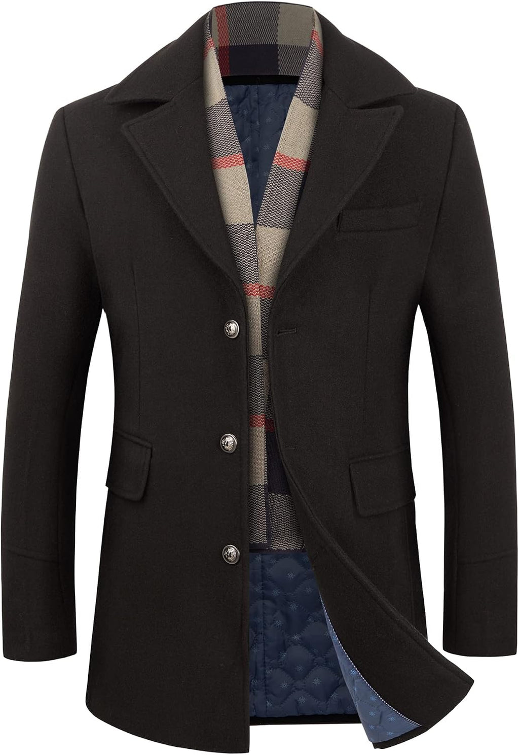 Men’s Wool Trench Coat Winter Slim Fit Pea Coat with Free Removable Plaid Scarf