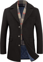 Men’s Wool Trench Coat Winter Slim Fit Pea Coat with Free Removable Plaid Scarf