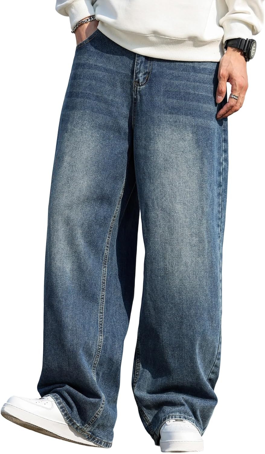 Hip Hop Baggy Jeans for Men Stylish Wide Leg Skater Jeans Loose Fit Denim Pants Streetwear