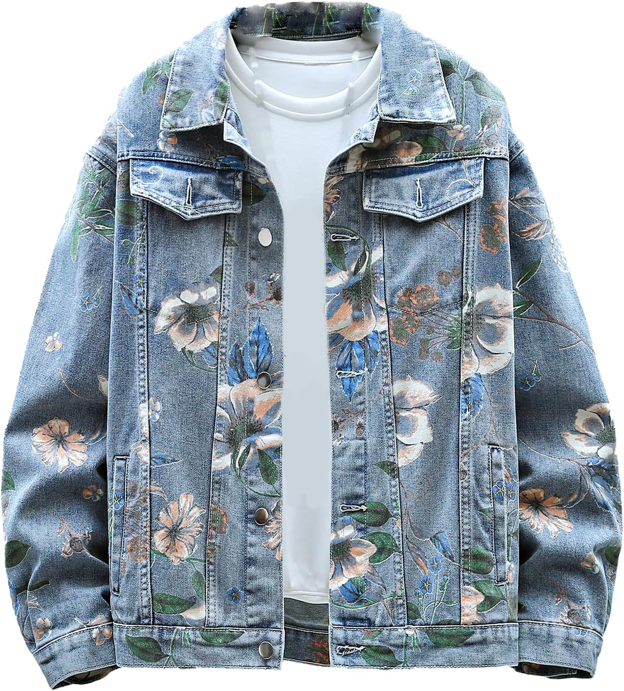 Men's Floral Print Denim Jacket Pair Oversized Jeans Coat Unisex Basic Jacket